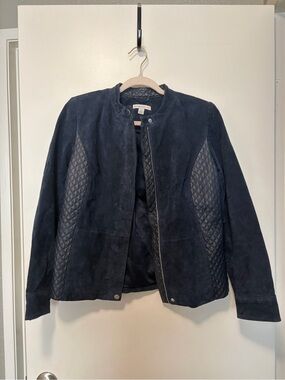 Isaac Mizrahi Navy Quilted Suede Leather Jacket
